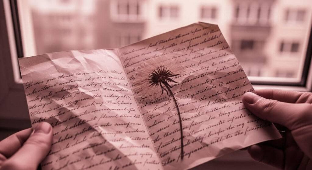 Crumpled letter, pressed dandelion, window light.