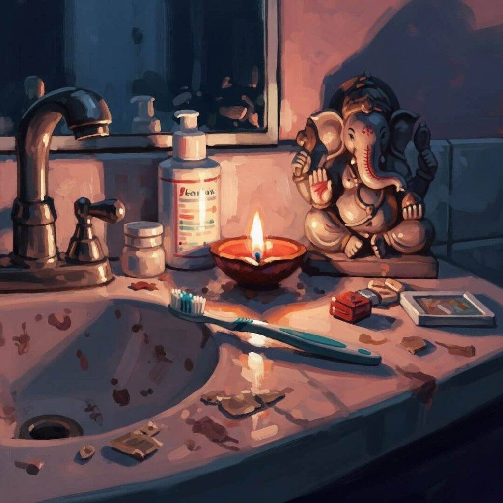 Messy bathroom counter with a toothbrush and Ganesh statue.