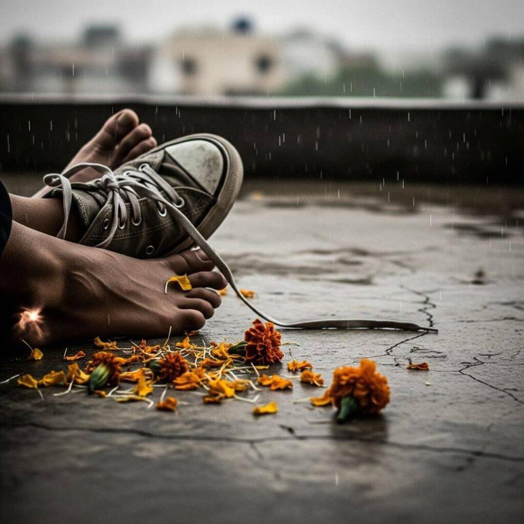 Bare feet, cracked balcony, untied shoelace, marigolds, rain.