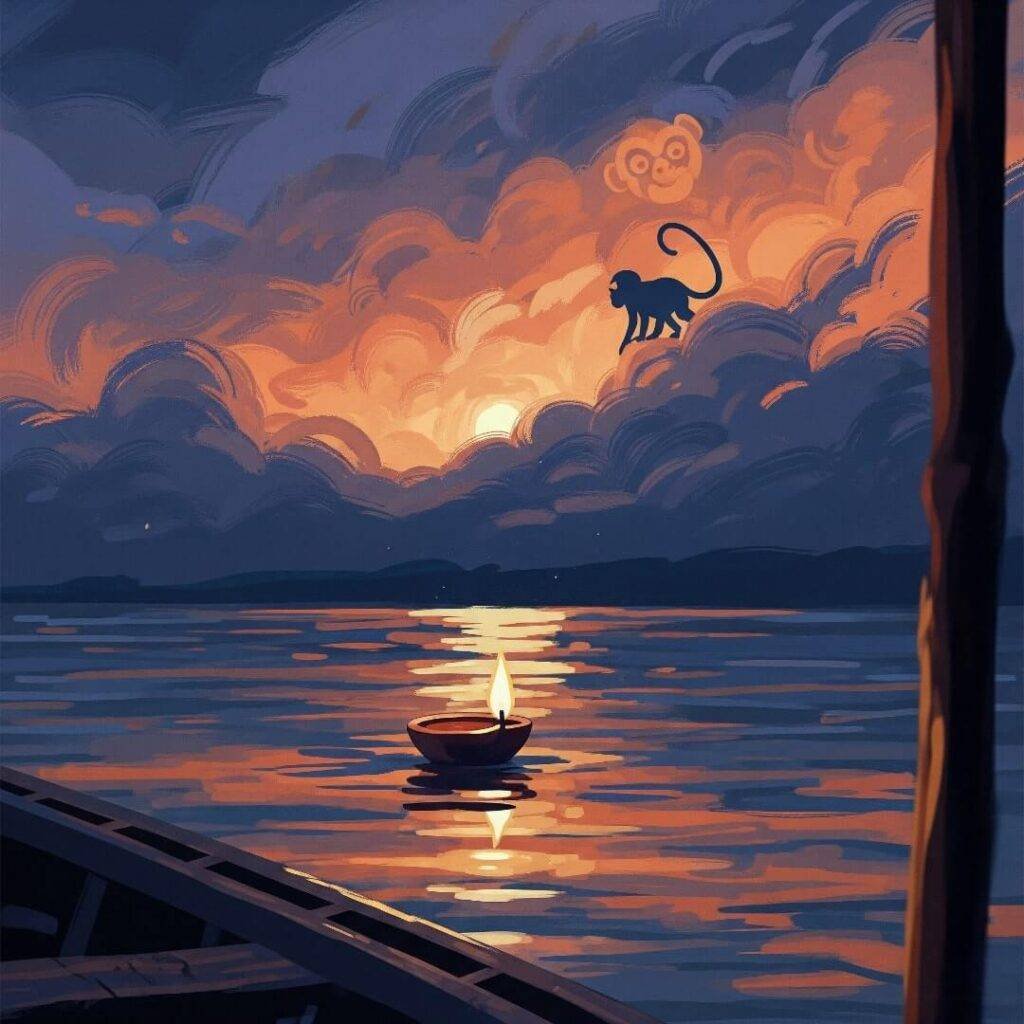 Ganges at dusk, diya, monkey in clouds.