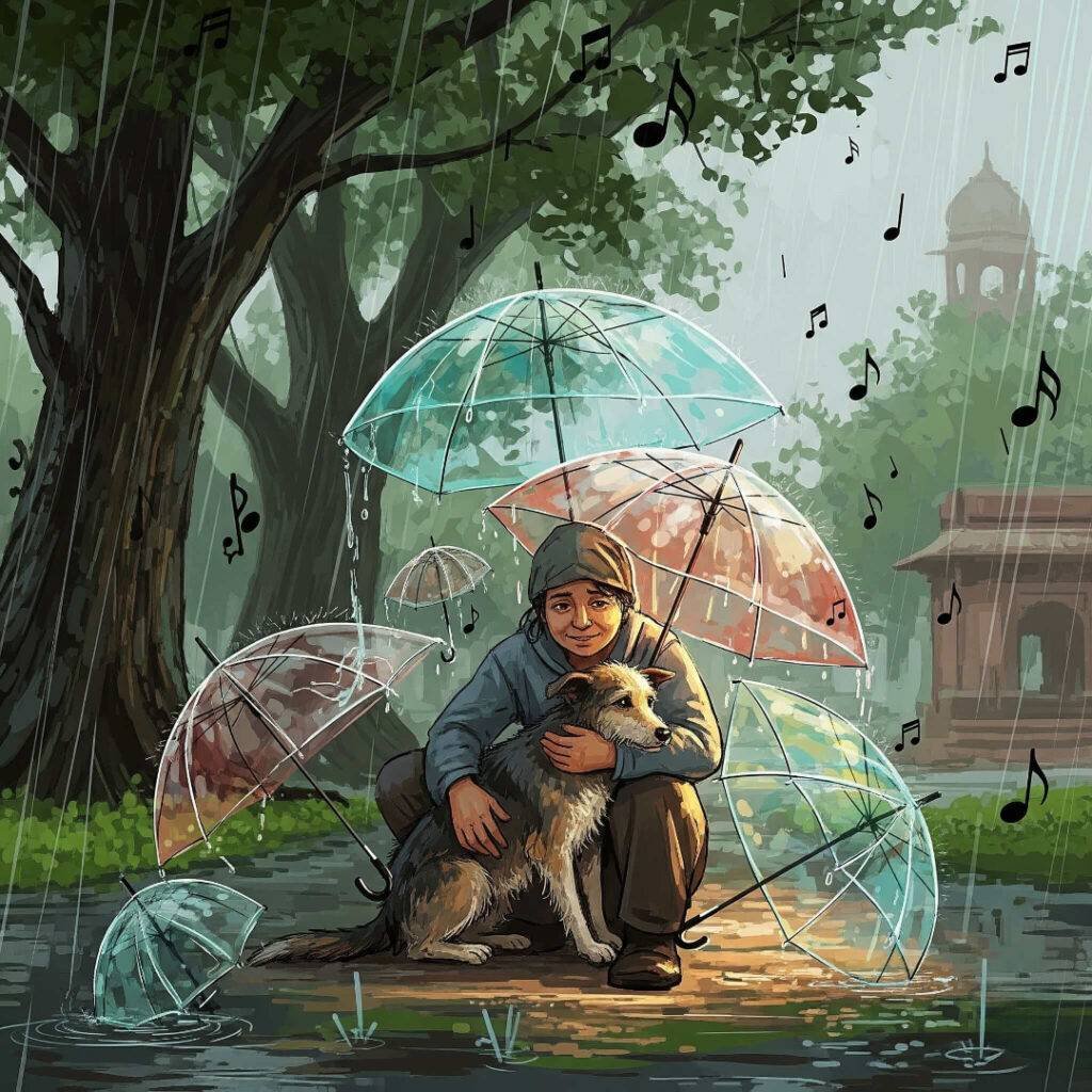 Person cuddling a stray dog in a rainy Indian park.