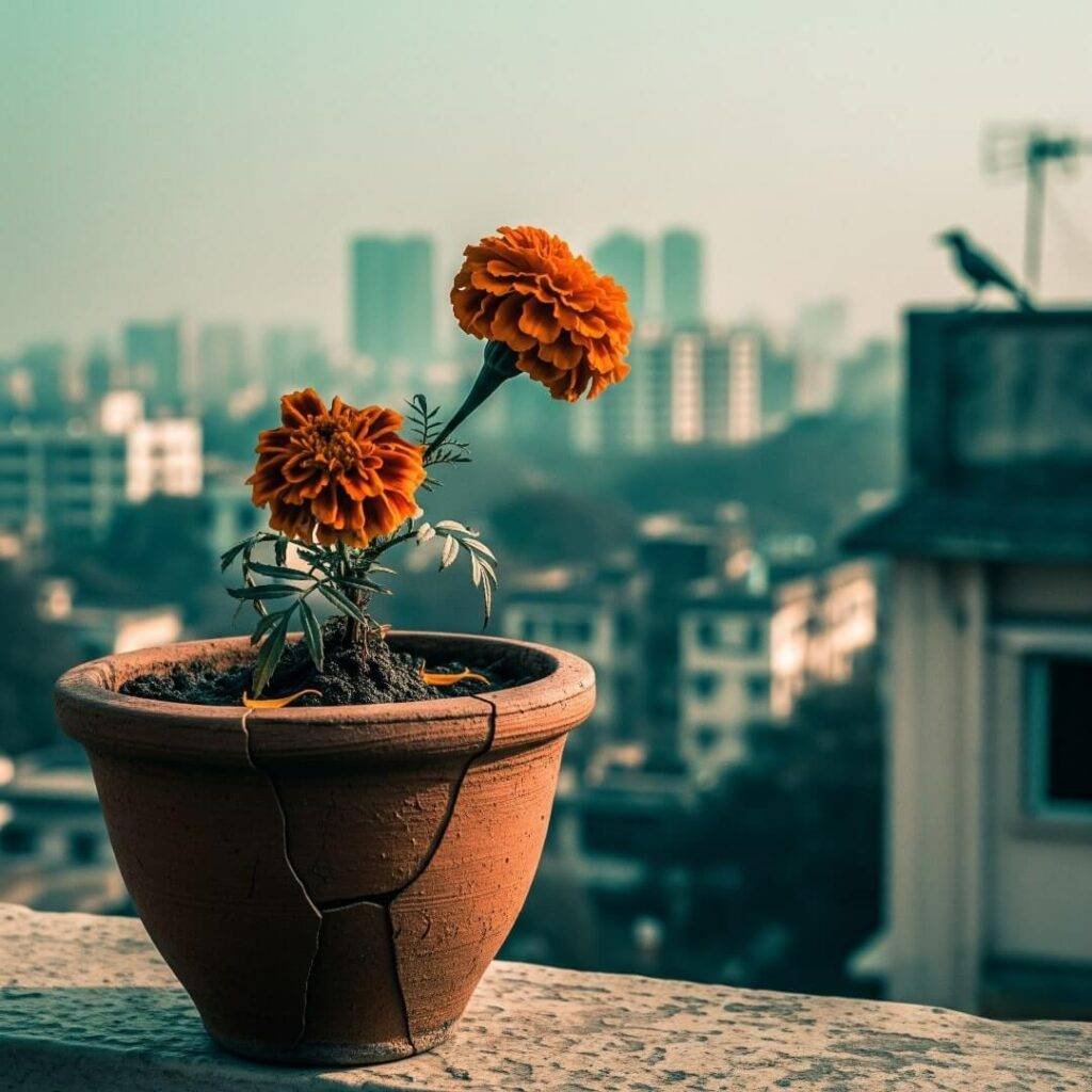 Vintage photo of a marigold with a city skyline.