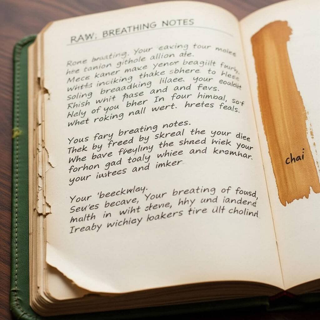 Beat-up journal with breathing notes, chai stain.