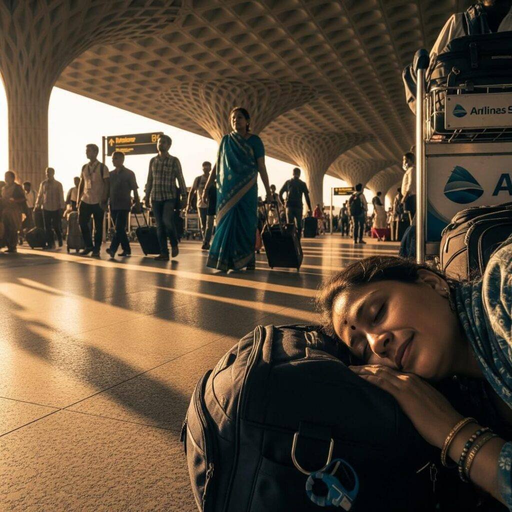 Sleeping at an Indian airport.