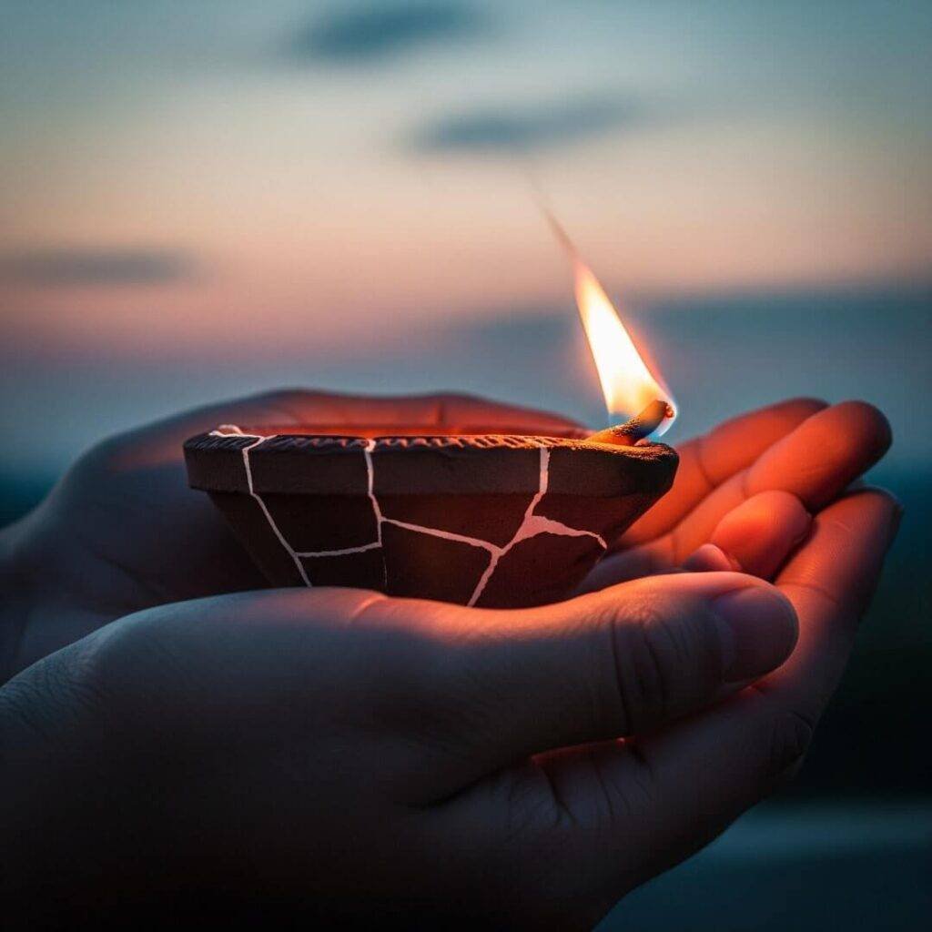 Hands holding a glowing diya lamp.