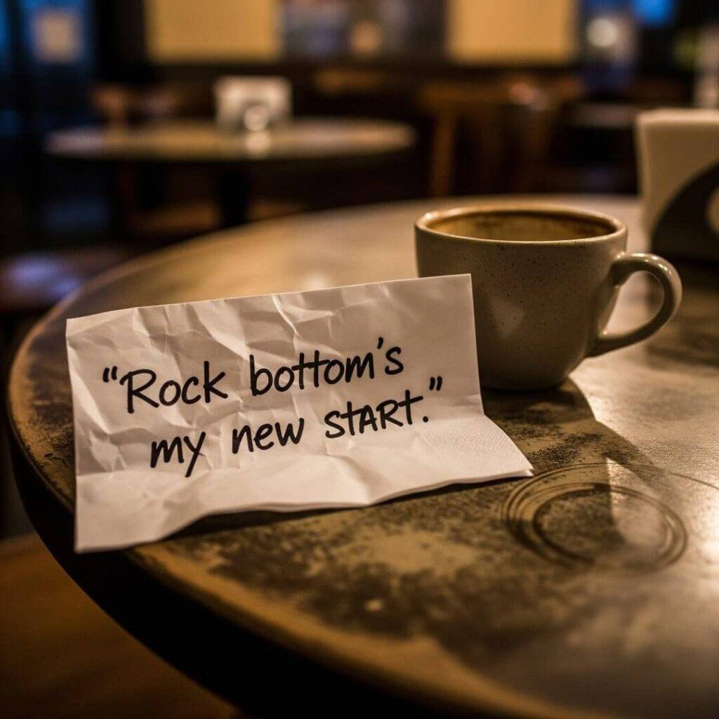 Crumpled napkin with quote next to coffee cup.