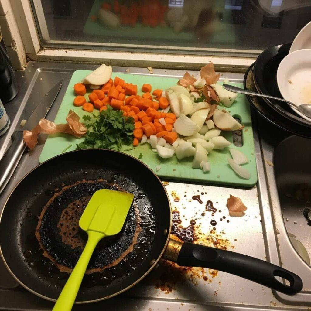 A humorous POV shot of a chaotic kitchen counter with half-chopped veggies,
