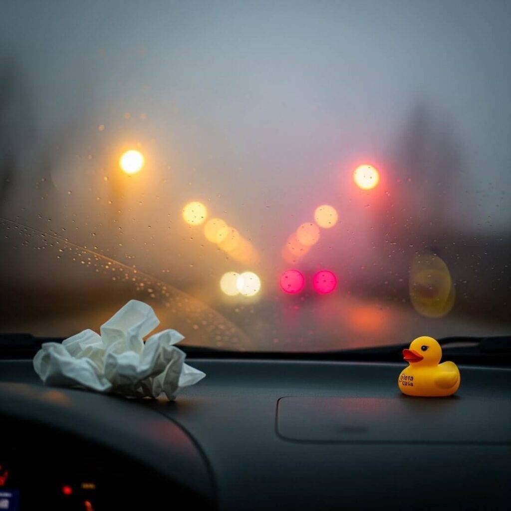 blurred image of a car dashboard with a pile of tissues and a rubber duck