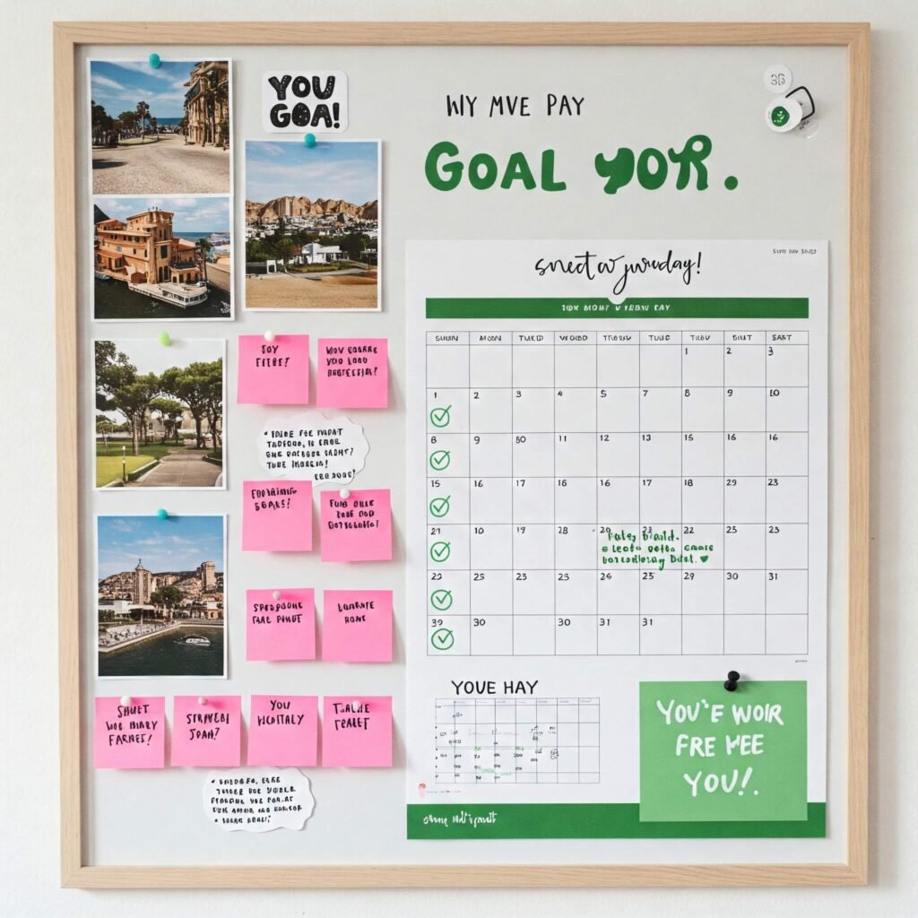 A modern vision board with images of goals, a checklist