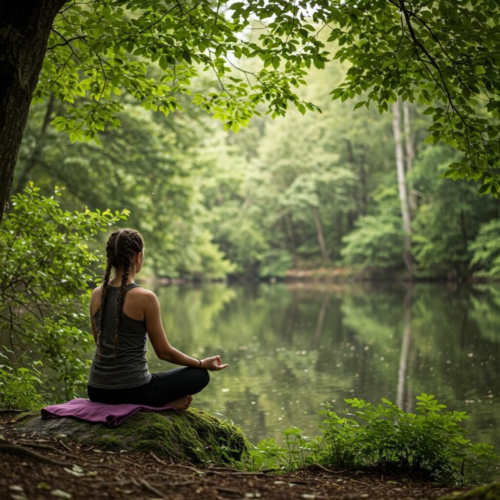 Peaceful lakeside meditation in nature.