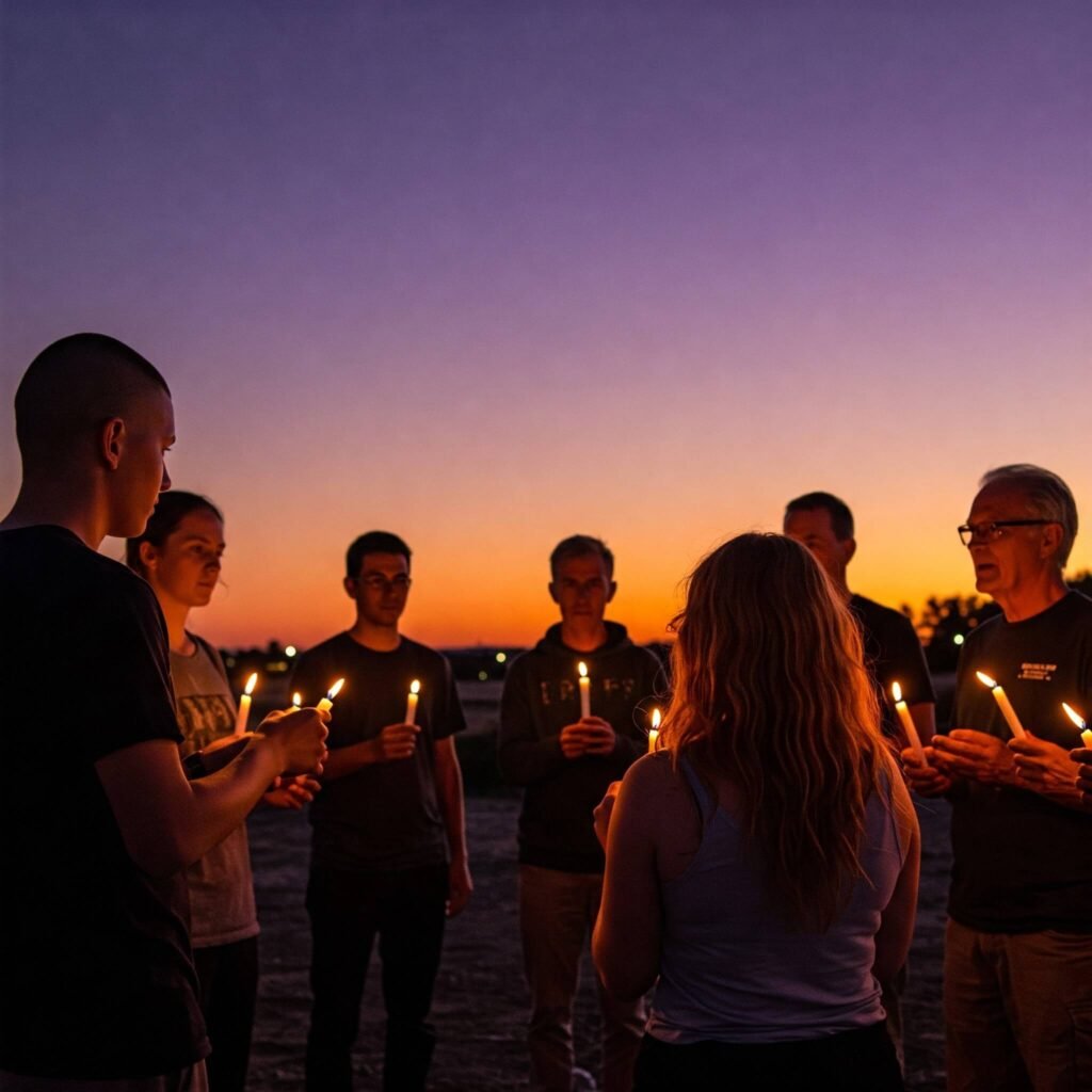 People holding candles in a circle.