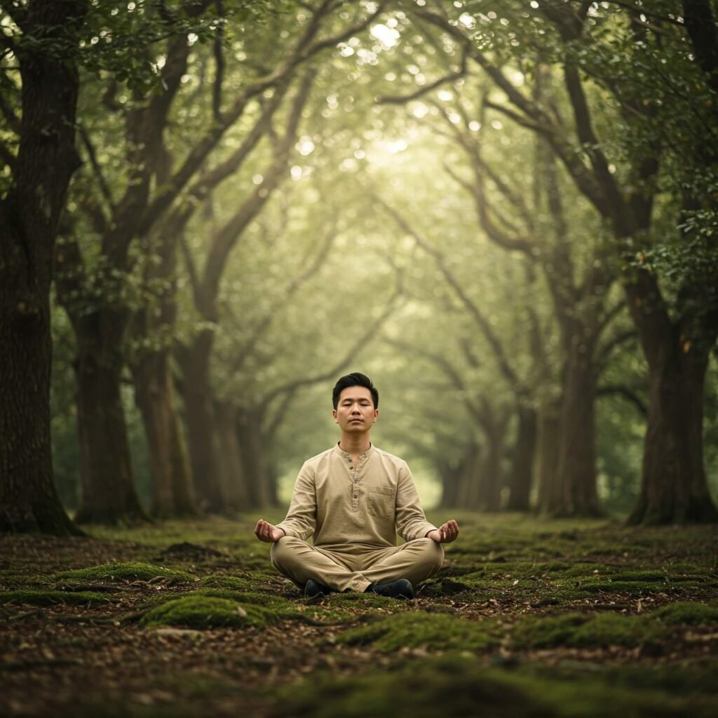 Person meditating in a peaceful forest.