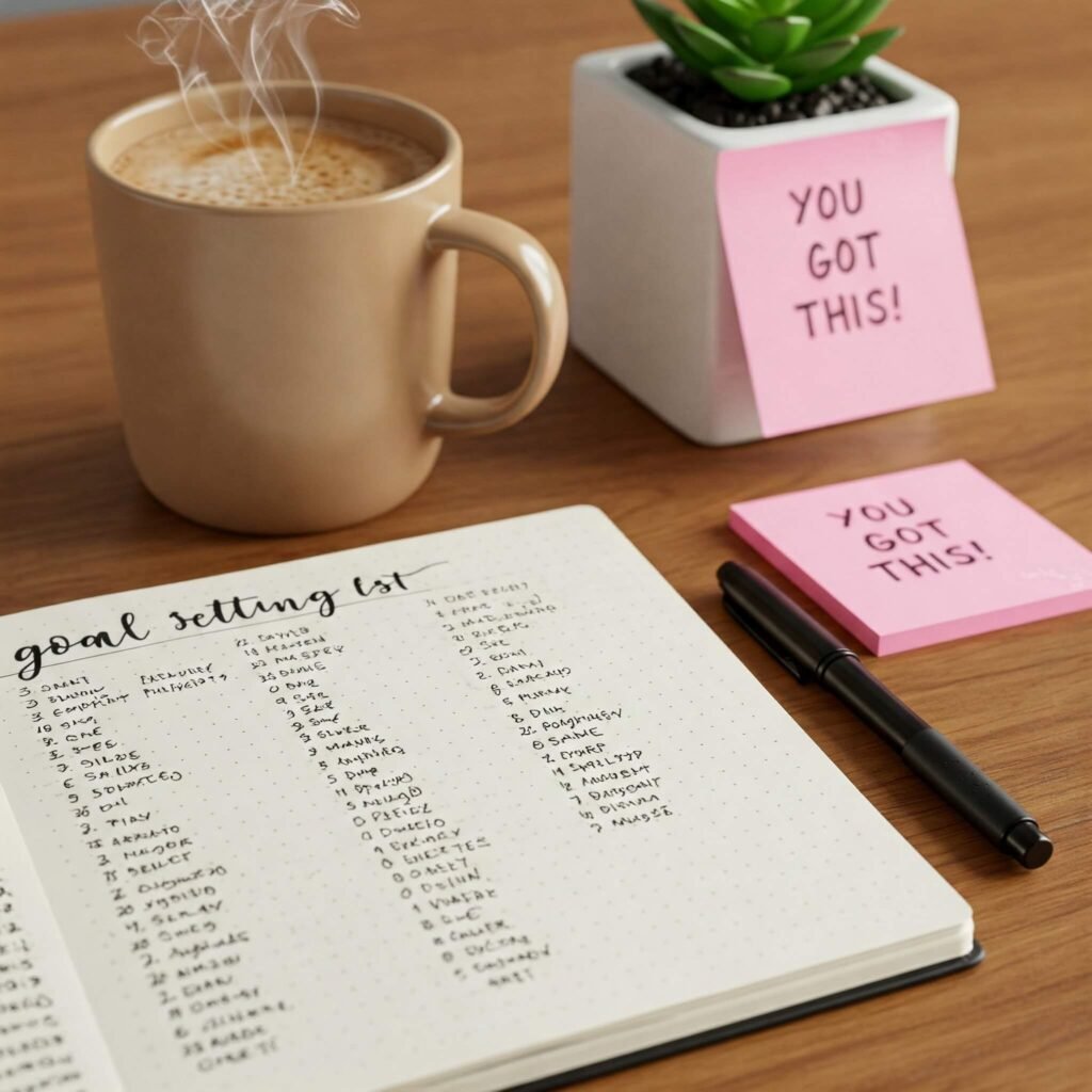 Goal-setting notebook and coffee.