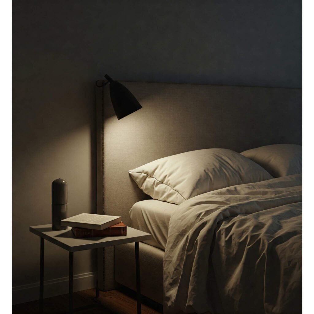 "Cozy bedroom with open book for restful sleep"