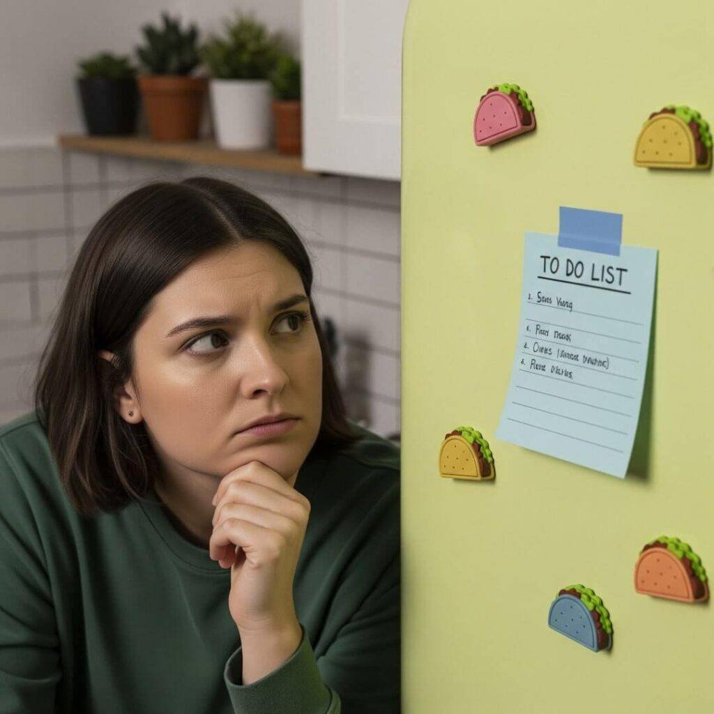 A person with a questioning expression stares at a to-do list on a fridge with taco magnets.