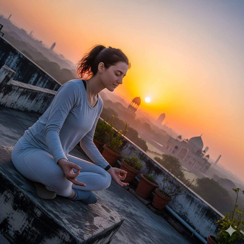 Wonky mindfulness pose on Delhi rooftop at sunrise.