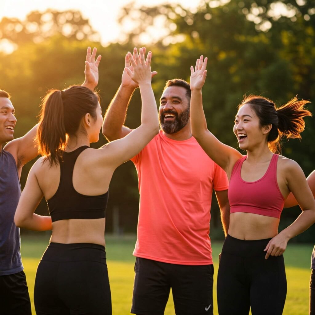 Diverse Group High-Fiving After Workout