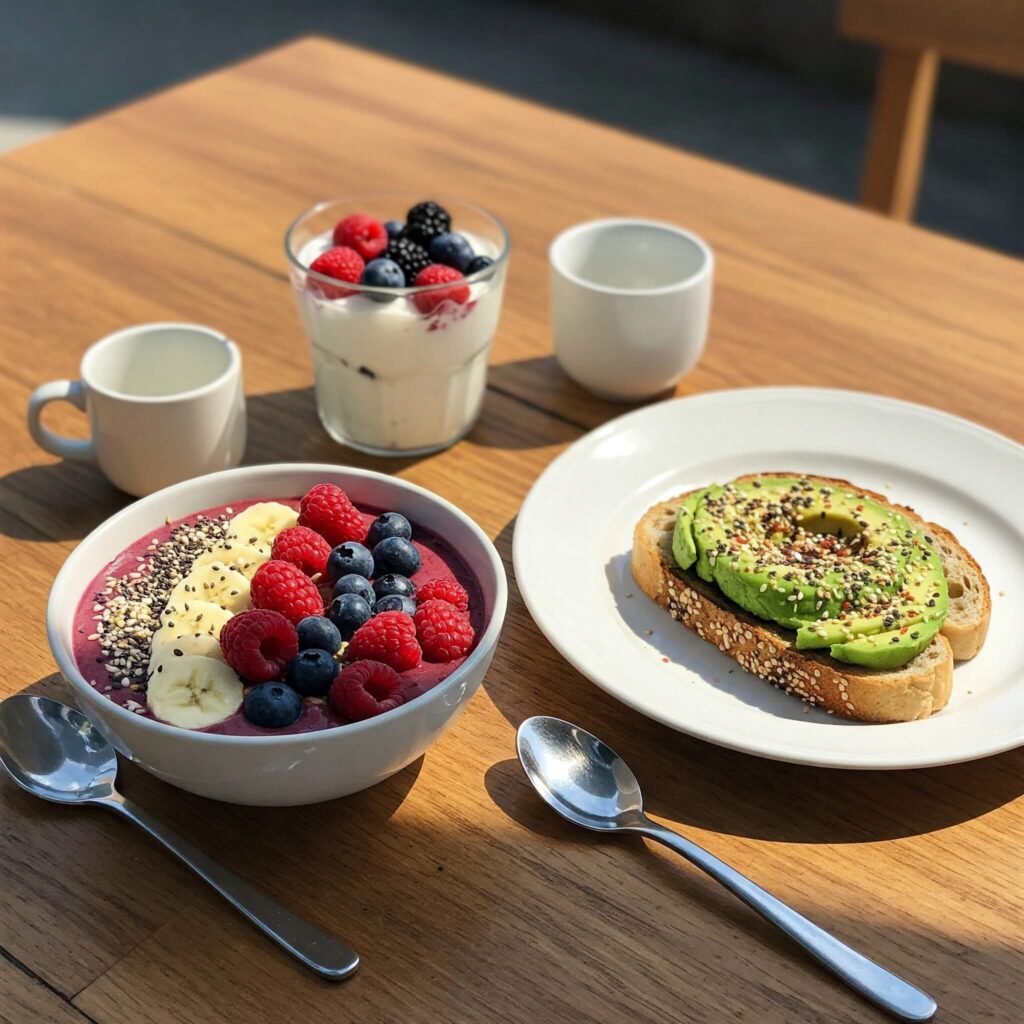 Beautiful breakfast spread with smoothie bowl and avocado toast.