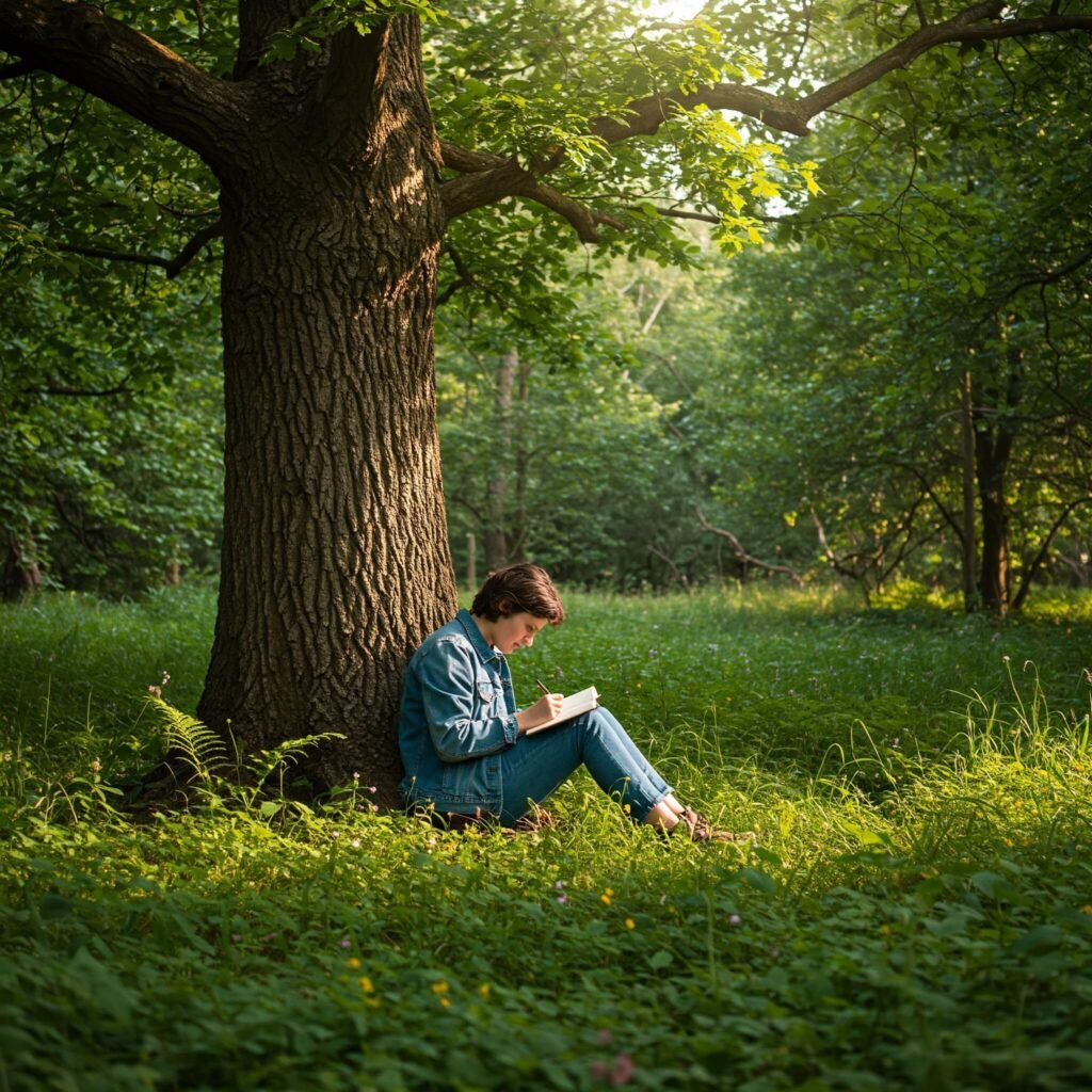 Person writing in a journal under a tree.