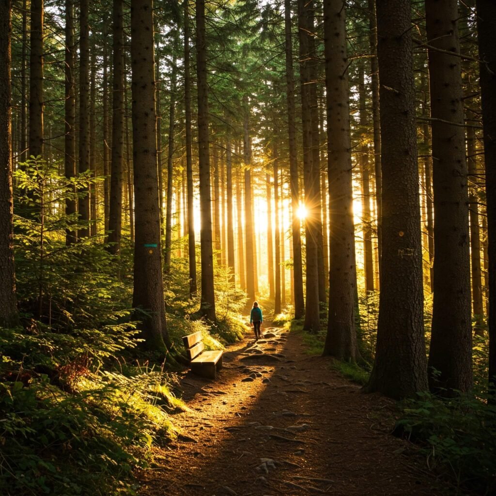 "Sunlit forest trail for outdoor tranquility"