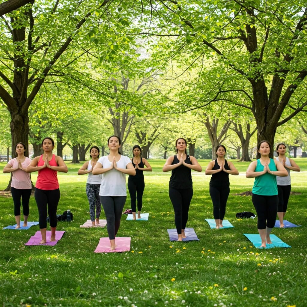 Diverse group practicing breathing exercises in a park