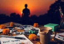 How to Stay Motivated When Life Feels Unfair Motivational desk scene with sunset, chai, and peacock feather.