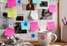 The Link Between Visualization and Goal Achievement Chaotic desk with vision board, coffee mug
