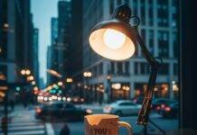 How to Create a Distraction-Free Work Environment Desk with "You Got This" mug, glowing lamp, and chaotic Chicago street.
