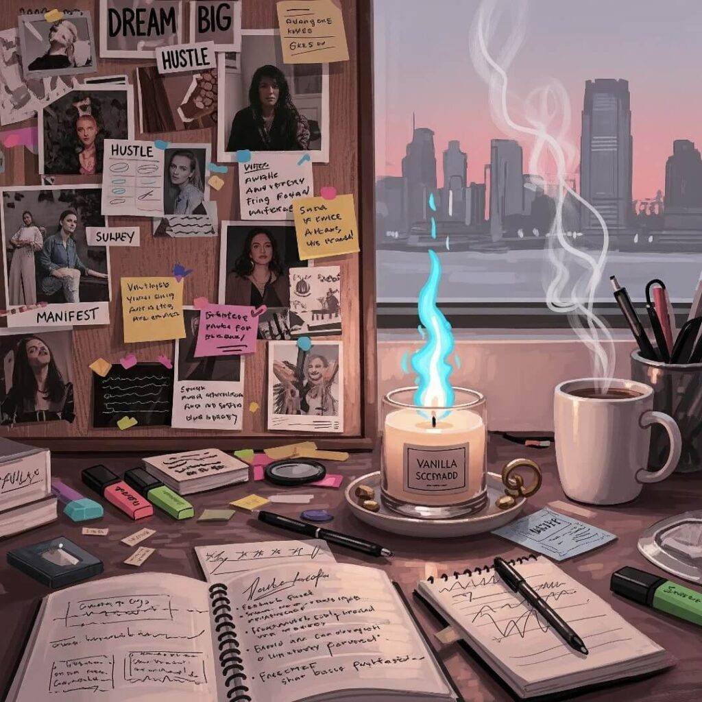 Cluttered desk with vision board, candle, and Jersey City skyline.