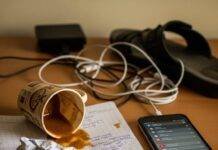 How to Recognize and Stop Burnout Before It Starts Cluttered desk with spilled chai, notebook, phone, and sandal.