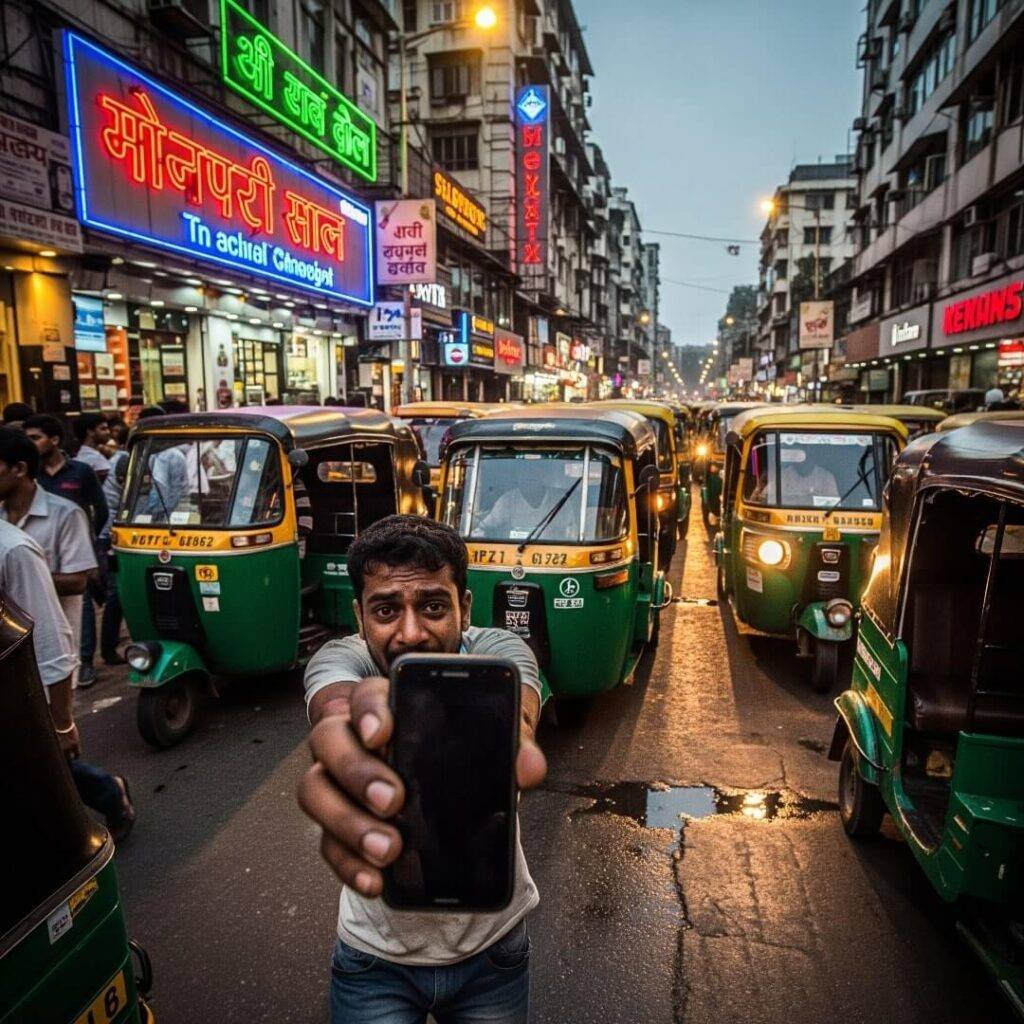 Man with dead phone in chaotic Mumbai street.

