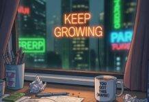 7 Personal Development Goals to Level Up Your Life This Y A cozy Brooklyn apartment desk with a journal, coffee mug, and neon cityscape.