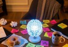 The Science Behind Why Positive Thinking Improves Health A messy desk with a glowing brain model, a half-eaten donut