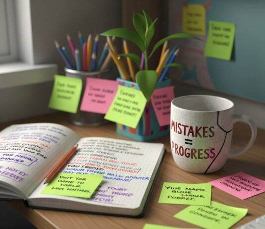 How to Teach Yourself (and Others) a Growth Mindset A cluttered desk with a notebook, a "Mistakes = Progress