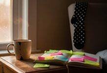 Science-Backed Morning Routines That Boost Your Mood Chipped coffee mug and journal on a nightstand.