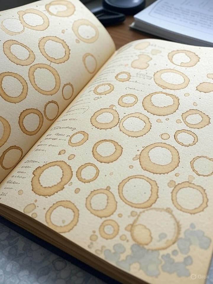 Cluttered journal with coffee stains, triumphs sketched.