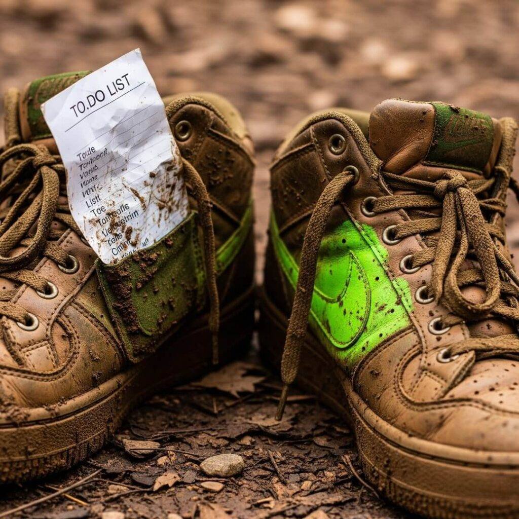 Muddy sneakers from a hike with a "To Do List" in the pocket.