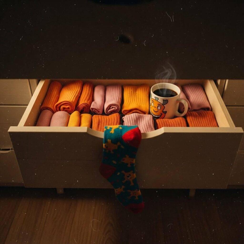 A high-res photo of a sock drawer, with socks neatly paired