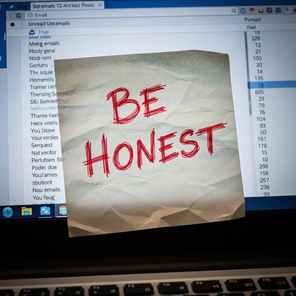 Crumpled sticky note saying "Be Honest" on a laptop screen with an overflowing inbox.