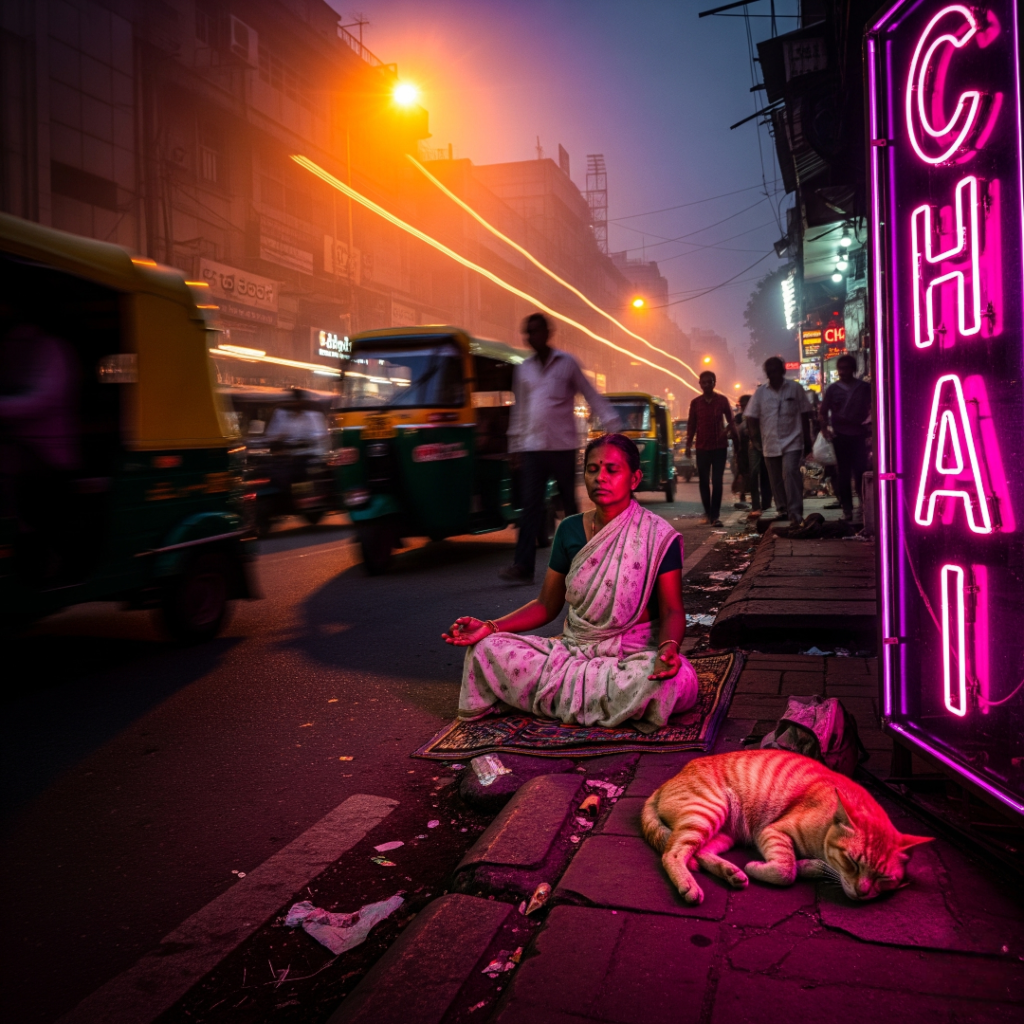 Woman meditating on a busy Bangalore street.