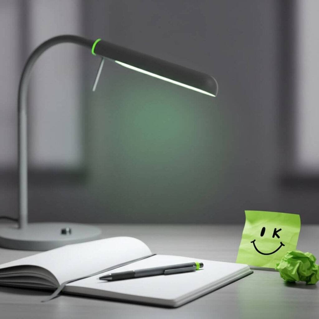 Desk with notebook, neon green lamp, and a sticky note with a wonky smiley face.