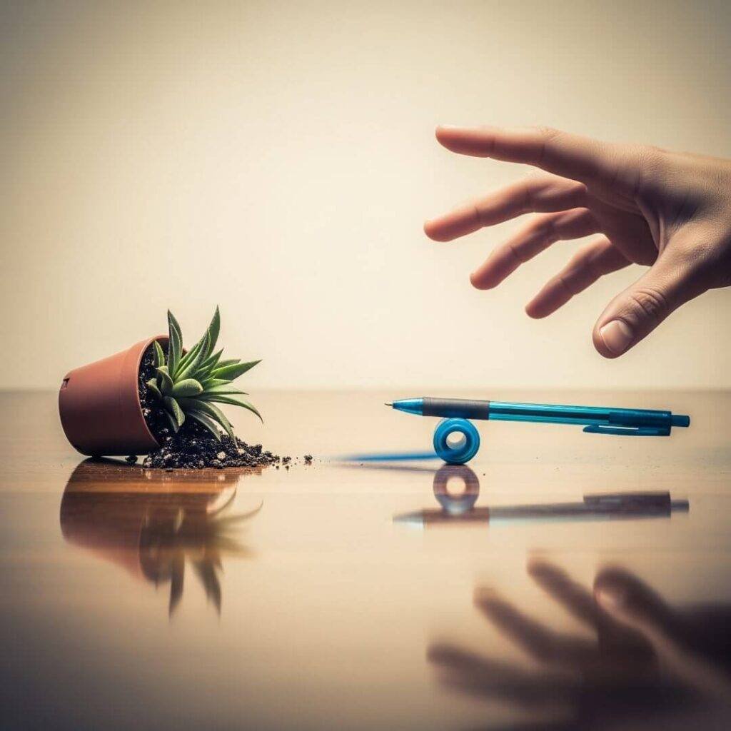 Hand knocking over a plant on a desk, with a rolling electric blue pen.