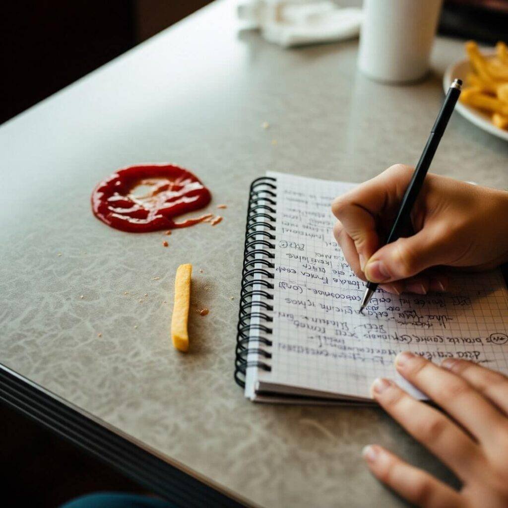 Hands writing in notebook at diner with ketchup and fry.