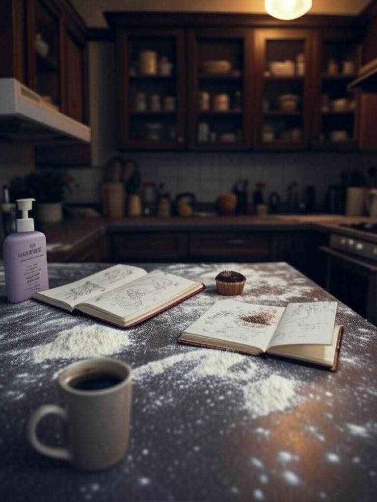 Messy kitchen with flour, burnt cupcake, open notebook.