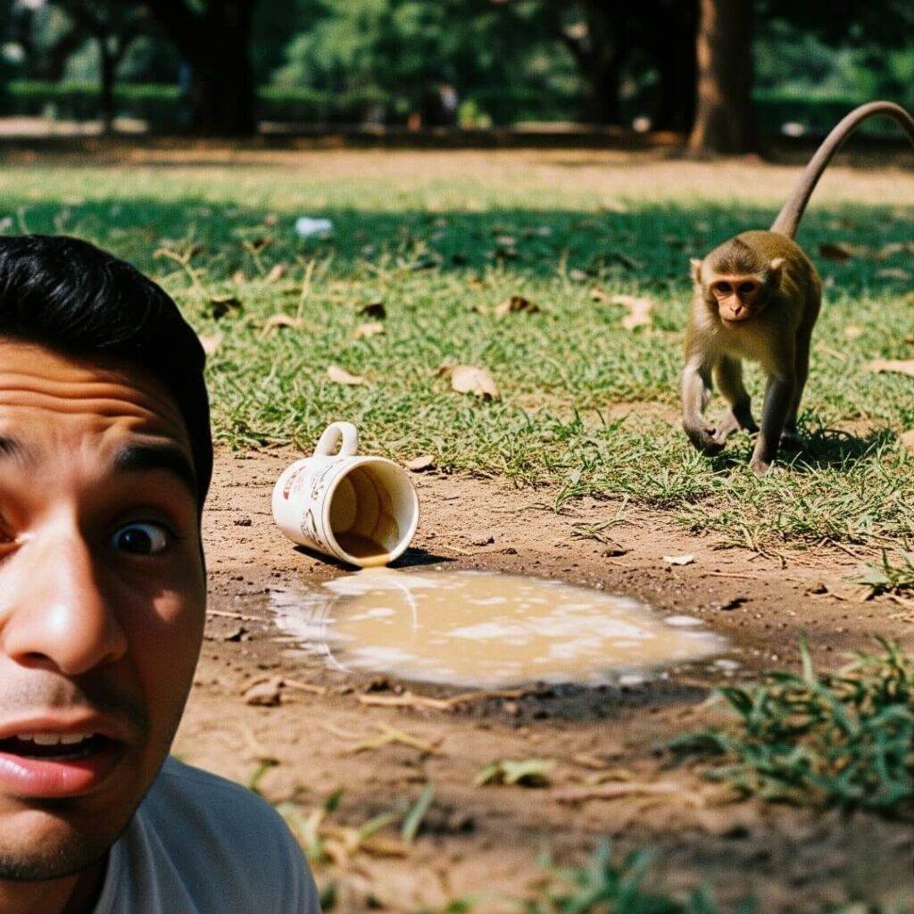 Man with a surprised face, spilled chai, and a monkey.