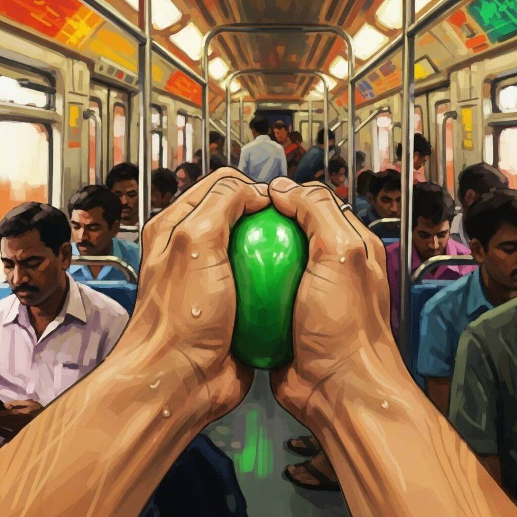 Shaky hands squeeze stress ball on Mumbai train.

