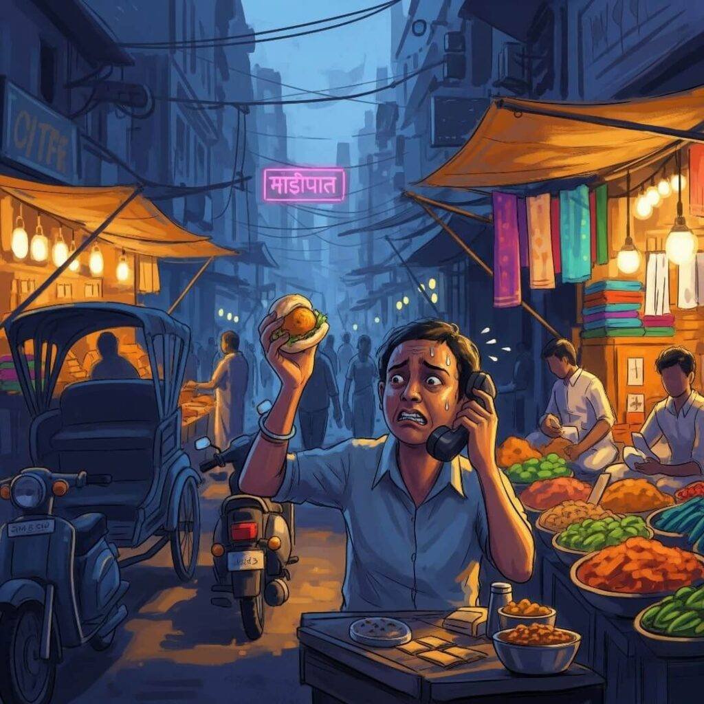 Man juggling food and phone in a chaotic Indian market.

