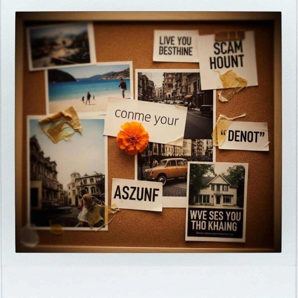 Messy, nostalgic vision board with marigold petal.