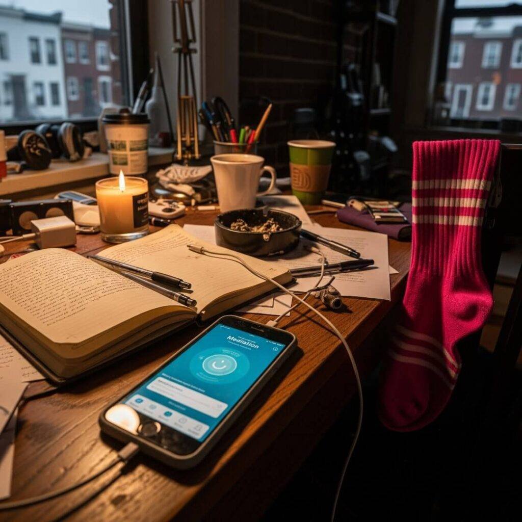A messy desk with a journal, a burnt-out candle