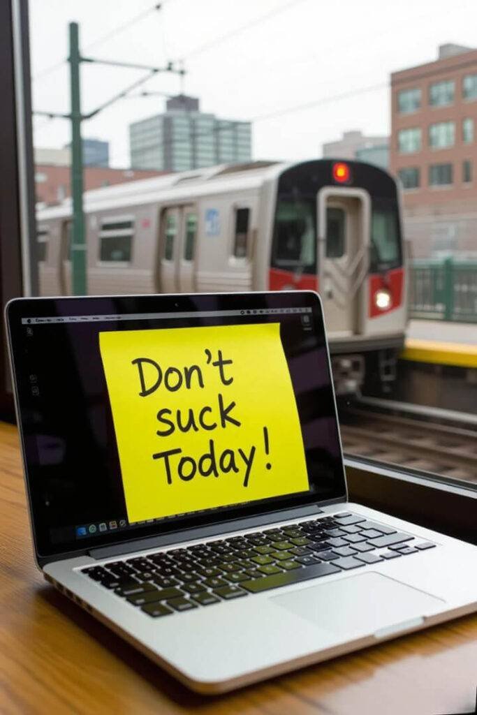 Bright yellow sticky note on laptop with 'Don’t Suck Today